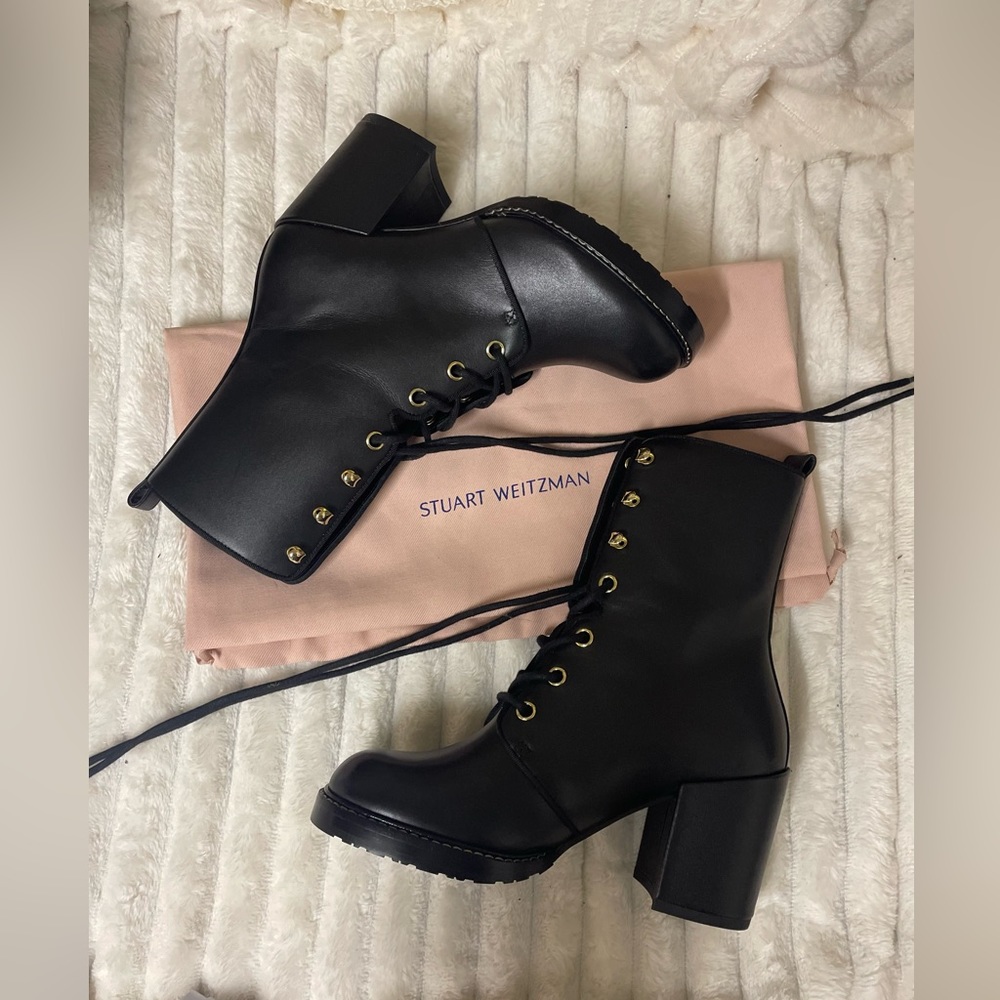 STUART WEITZMAN Cassey 75 Leather Block Heel Combat Boots